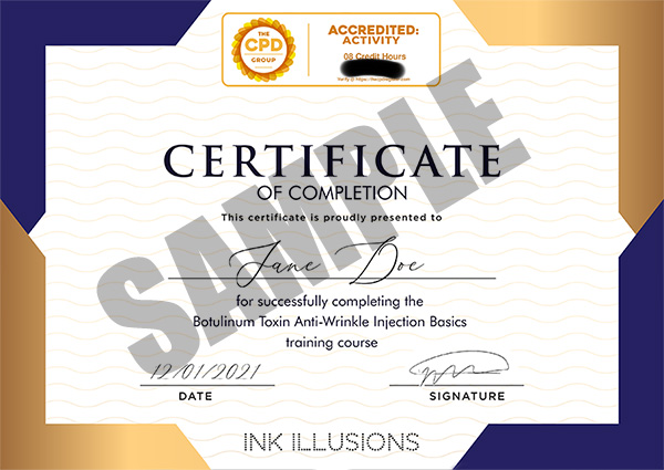 Digital CPD Accredited Certificate for Botulinum Toxin Course Ink Illusions