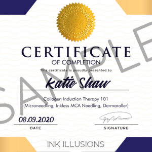 Hard Printed Copy Certificate of Completion for Collagen Induction Therapy Training Course