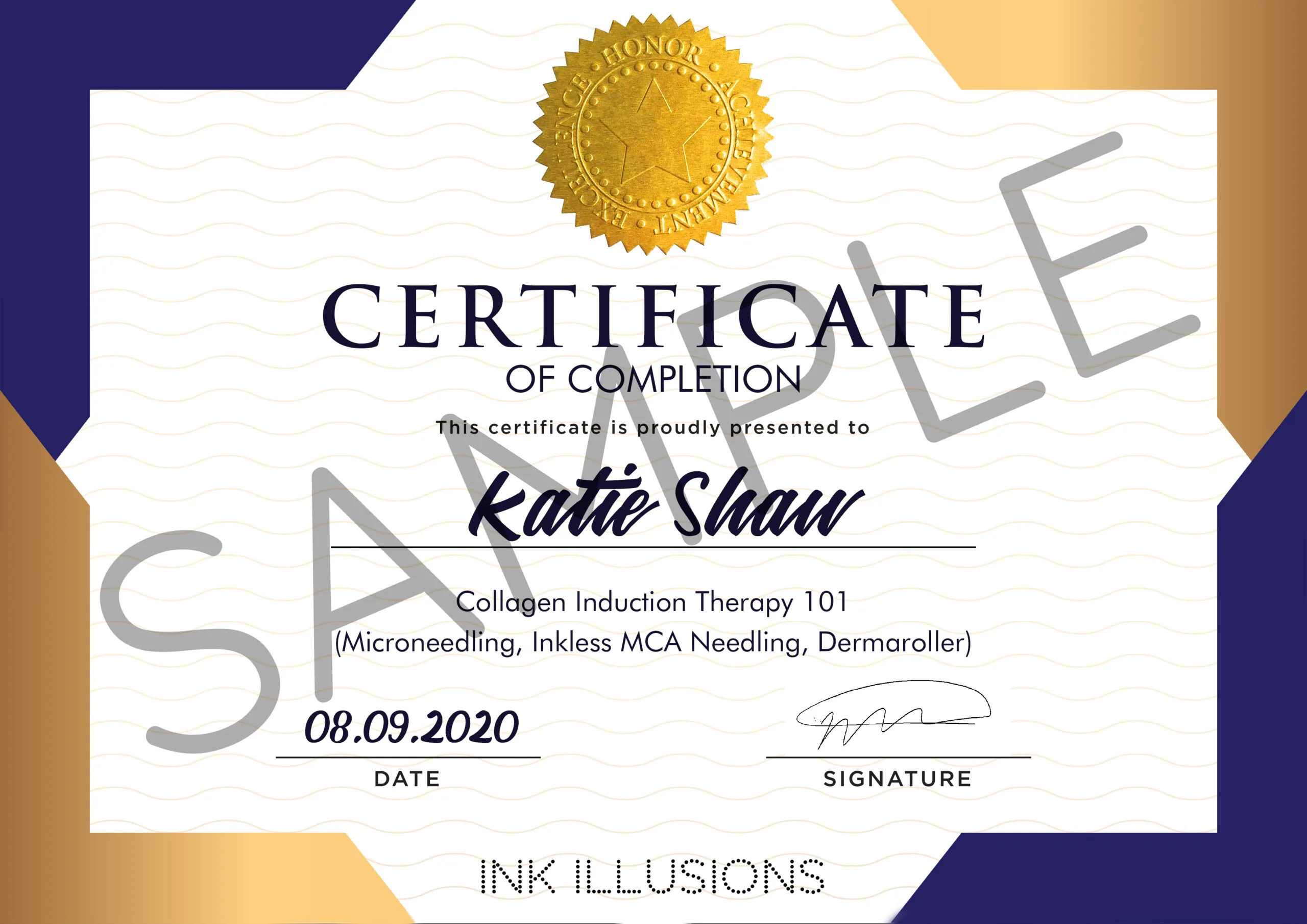 Hard Printed Copy Certificate of Completion for Collagen Induction Therapy Training Course